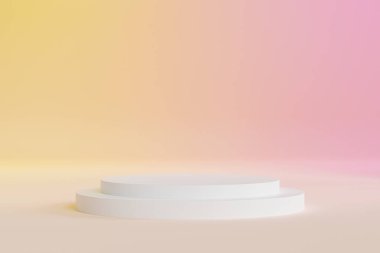 Ürünler için podyum veya kaide veya reklam gradyan sarı ve pembe arkaplan, en az 3d illüstrasyon canlandırması