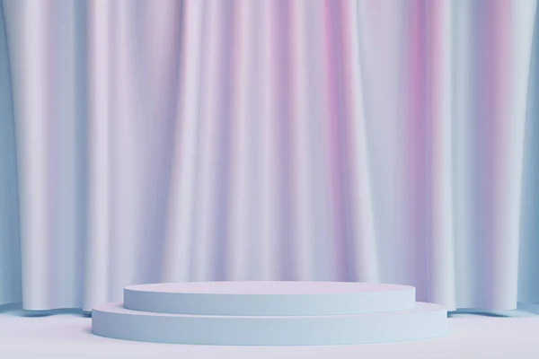 Подиум Цилиндра Пьедестал Изделий Рекламы Нейтральном Синем Розовом Фоне Занавесками — стоковое фото