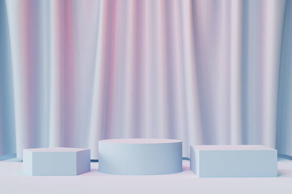 Geometric Podiums Pedestals Products Advertising Neutral Blue Pink Background Curtains — Stock Photo, Image