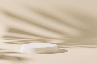 Silindir podyum ya da bej arka plandaki ürünler ya da reklamlar için kaide gölgeli, asgari 3d illüstrasyon çizimi
