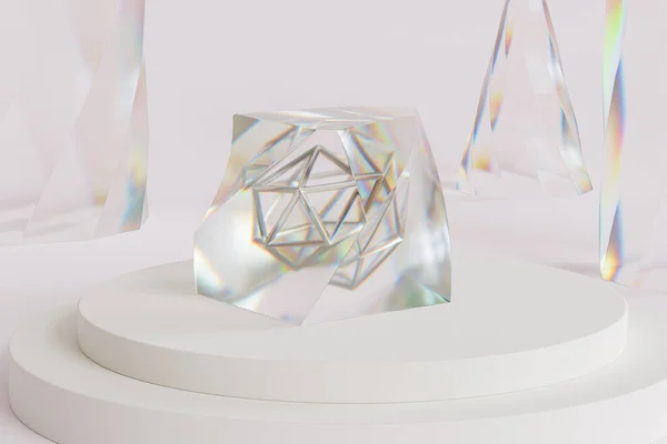 Abstraktes Glaskristall Mit Dispersion Auf Podium Oder Sockel Beiger Hintergrund — Stockfoto