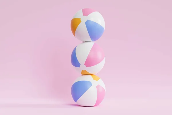 夏季粉色背景与充气海滩球 最小3D插图渲染 — 图库照片