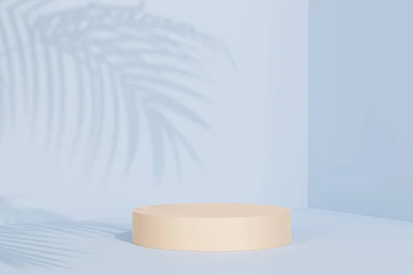 Bej rengi podyum ya da pastel mavi arka planda tropikal yaprak gölgeli reklamlar için kaide, en az 3D görünüm