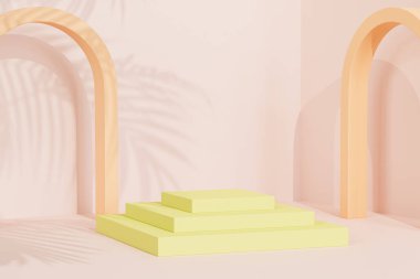 Ürünler için kemerli podyum ya da kaidesi ya da tropikal yaprak gölgeli pastel bej arkaplan üzerindeki reklamlar, 3D illüstrasyon