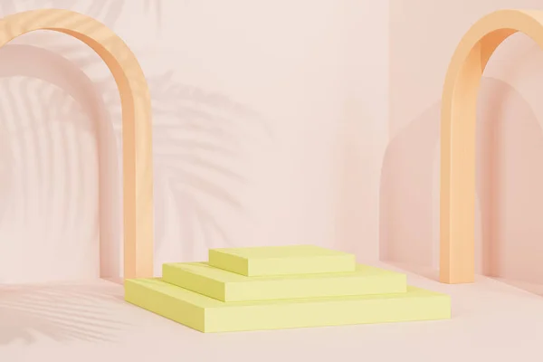 Ürünler için kemerli podyum ya da kaidesi ya da tropikal yaprak gölgeli pastel bej arkaplan üzerindeki reklamlar, 3D illüstrasyon