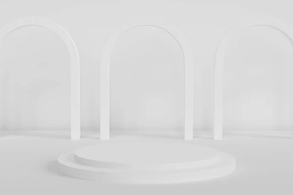 Podium Pedestal Para Produtos Publicidade Fundo Branco Com Arco Renderização — Fotografia de Stock