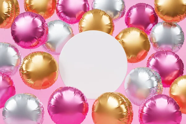 Balões Coloridos Brilhantes Com Espaço Cópia Fundo Rosa Para Festa — Fotografia de Stock