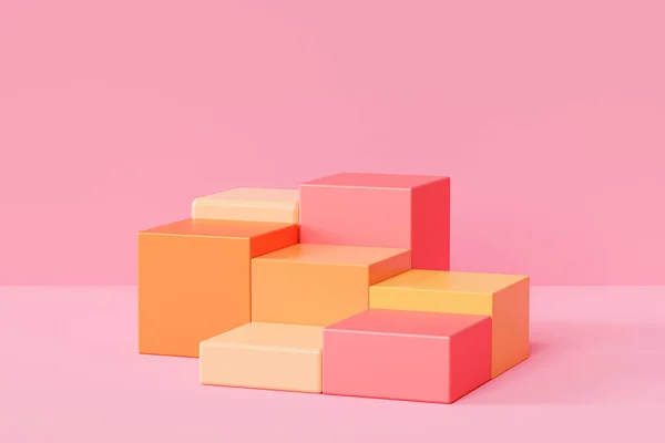 Laranja Pódios Quadrados Pedestais Para Produtos Publicidade Fundo Rosa Pastel — Fotografia de Stock