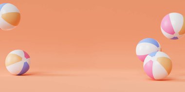 Yaz turuncu afiş arka planı şişirilebilir plaj topları, kopyalama alanı, minimal 3d oluşturma