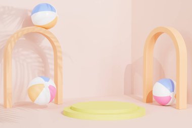 Sarı podyum ya da bej tropikal arka planda plaj topları ve kemerleri olan reklamlar için kaide, 3D