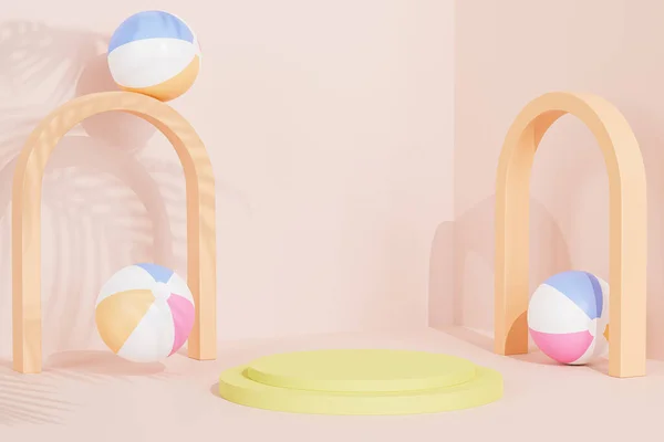 Sarı podyum ya da bej tropikal arka planda plaj topları ve kemerleri olan reklamlar için kaide, 3D