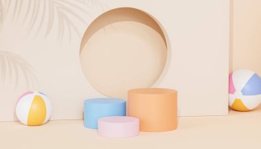 Plaj topları ile tropikal bej arka planda ürün veya reklamlar için podyumlar veya kaideler, 3D görüntüleme