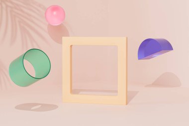 Empty frame near to geometric objects on beige background with tropical leaf shadow, minimal 3d render