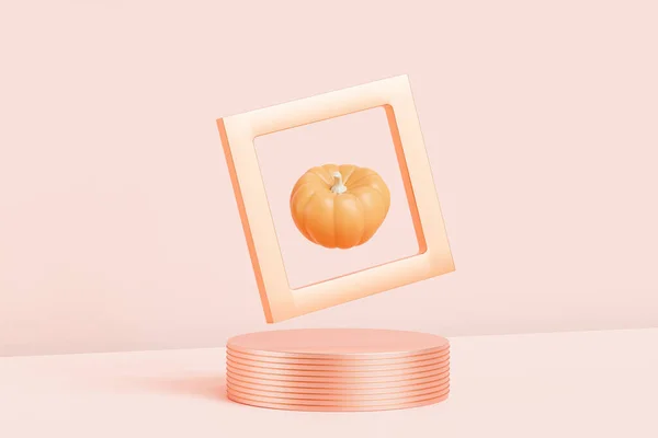 Pumpkin in golden frame on podium or pedestal, advertising for autumn holidays on pink background, 3d render