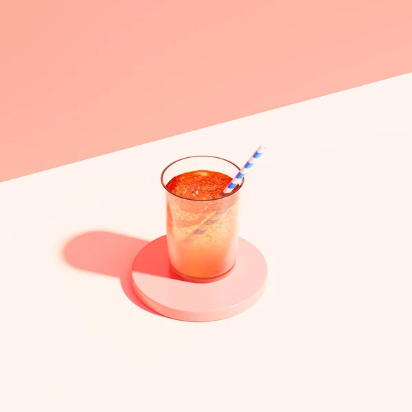 Beber Vaso Con Hielo Paja Sobre Fondo Beige Render — Foto de Stock