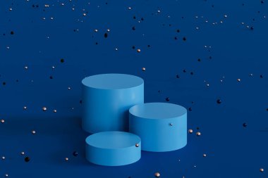 Ürünler için podyumlar veya kaideler mavi arkaplan üzerinde parlak küreler, 3d minimal görüntüleme veya reklam