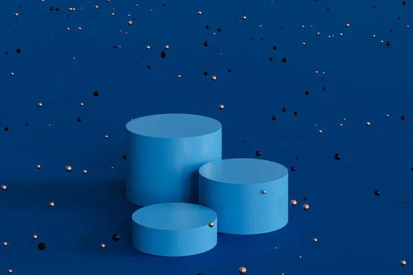 Ürünler için podyumlar veya kaideler mavi arkaplan üzerinde parlak küreler, 3d minimal görüntüleme veya reklam