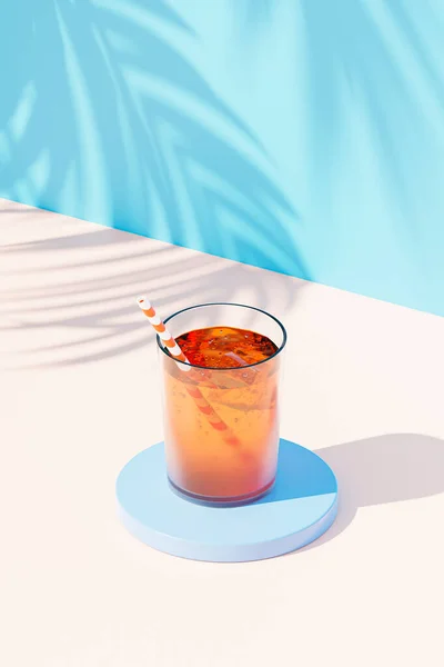 Cocktail Drink Glass Ice Straw Blue Background Tropical Leaf Shadows Stok Gambar Bebas Royalti
