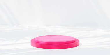 Beyaz arkaplanda yaprak gölgeleri olan ürünlerin sergilenmesi veya reklamları için pembe podyum veya kaidesi, 3D görüntüleme