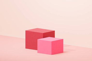 Pastel bej arkaplan üzerindeki ürünler veya reklamlar için küp podyumlar veya kaideler, 3d oluşturma