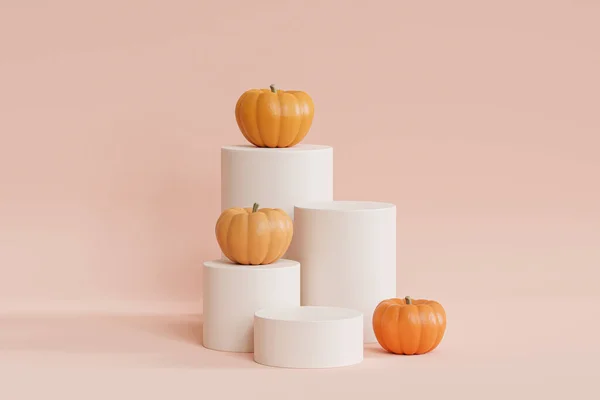 Ürünler için balkabaklarıyla podyum ya da kaide, ya da sonbahar tatilleri için reklam, 3D
