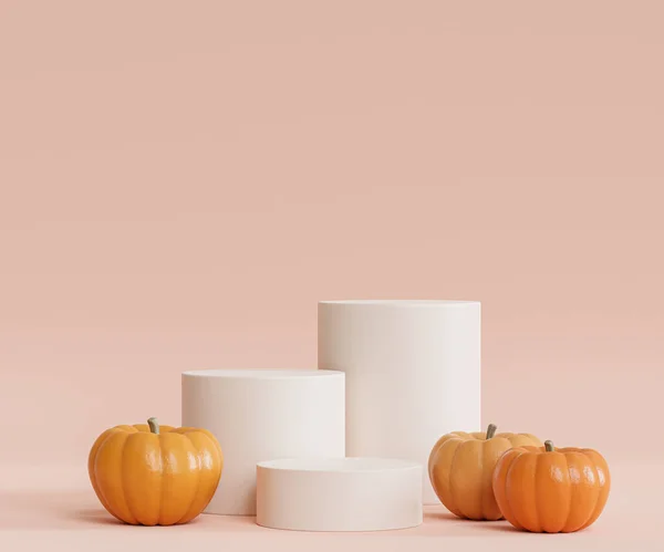 Ürünler için balkabaklarıyla podyum ya da kaide, ya da sonbahar tatilleri için reklam, 3D