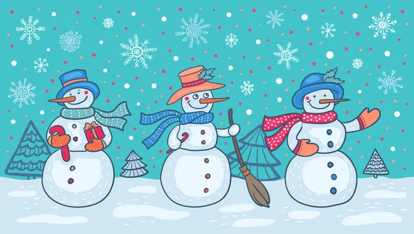 Kerstkaart met sneeuwmannen — Stockvector