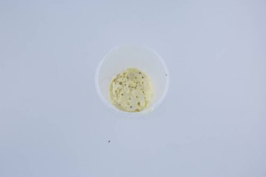 Bozuk mayalanmış süt ürünlerinin küçük bir kısmı şeffaf bir plastik bardağın altında görünür küf lekelerini, dondurulmuş dokuları ve steril beyaz arka planda erken çürümeyi gösterir..