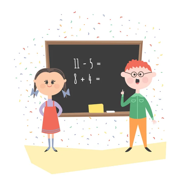 Хлопчик і дівчинка в класі вивчають математику — стоковий вектор