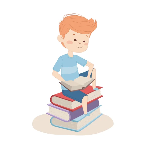 Boy sitting on books and reading — Stock Vector