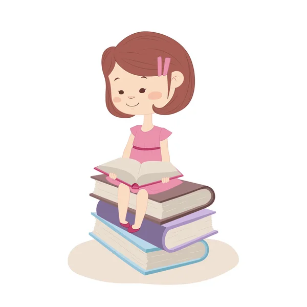 Girl sitting on books and reading — Stock Vector