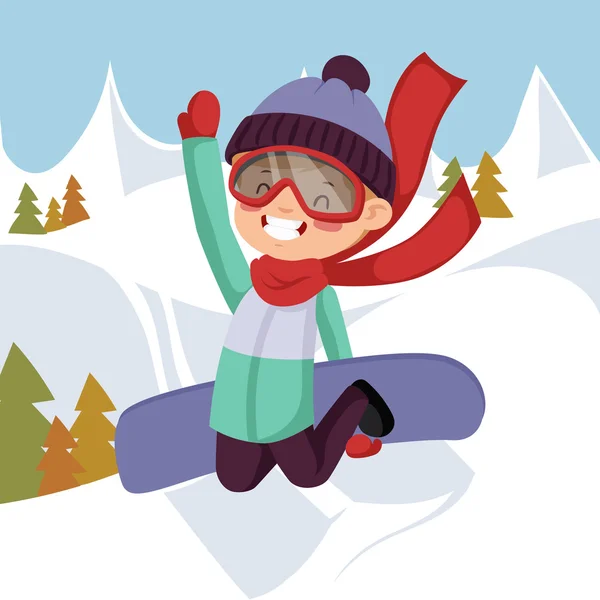 Boy monta en una tabla de snowboard — Vector de stock