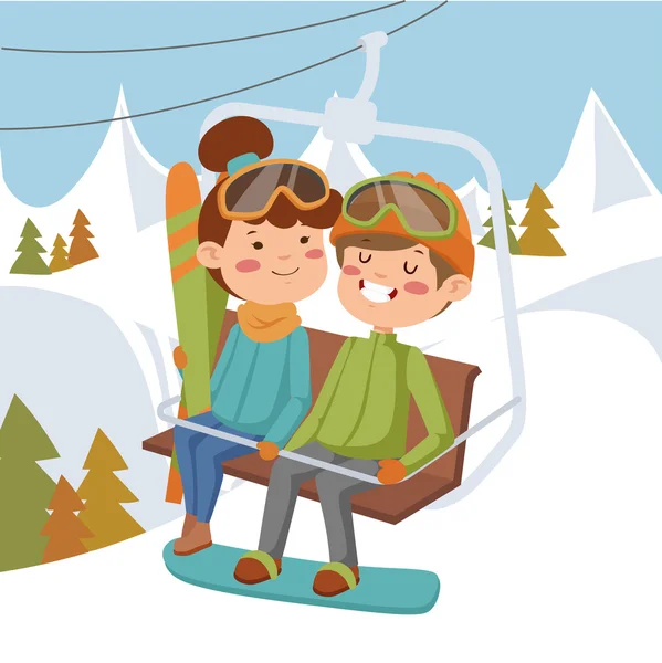 Meisje en jongen op skilift — Stockvector