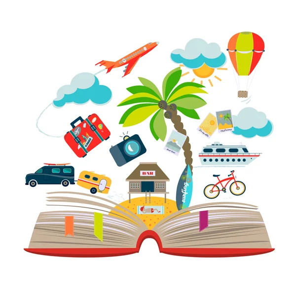 Yaz tatil elemanları ile açık kitap — Stok Vektör