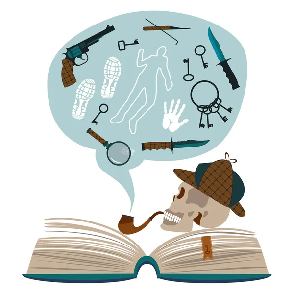 Libro abierto con elementos detectives — Vector de stock