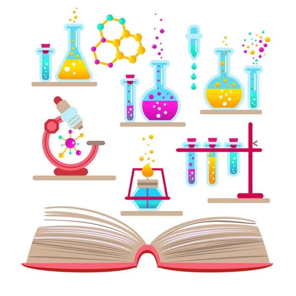 Open boeken en iconen van chemie — Stockvector