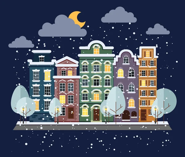 Ciudad en invierno por la noche — Vector de stock