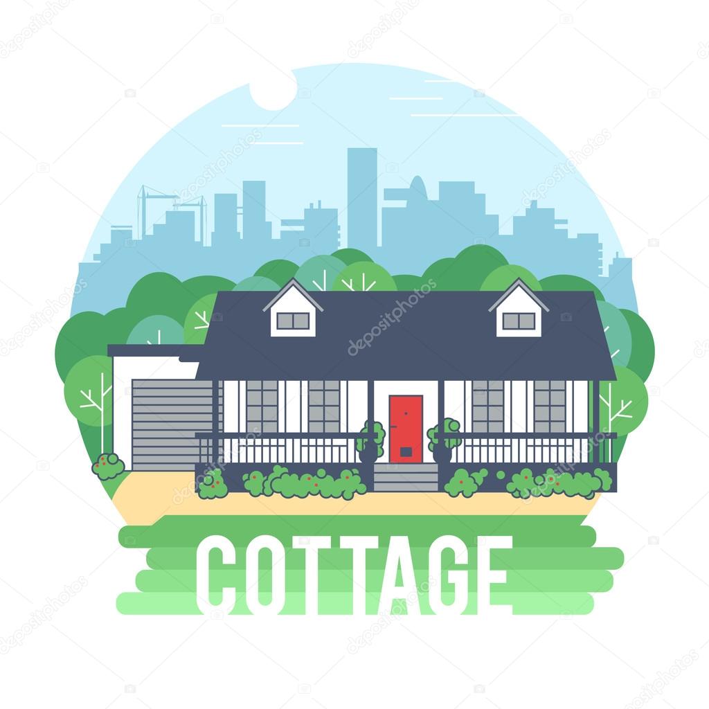 Cozy cottage. Symbol or logo cottage on city background