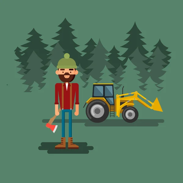Lumberjack com machado na floresta — Vetor de Stock