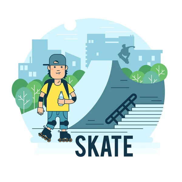 Gars sur patins à roulettes dans le parc . — Image vectorielle