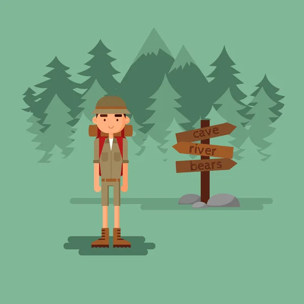 Niño viaja en el bosque . — Vector de stock