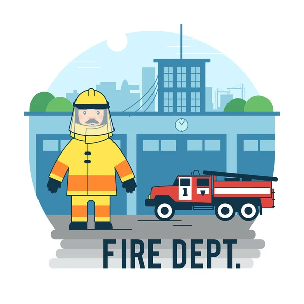 Fire station with a car and a fireman. — Stock Vector