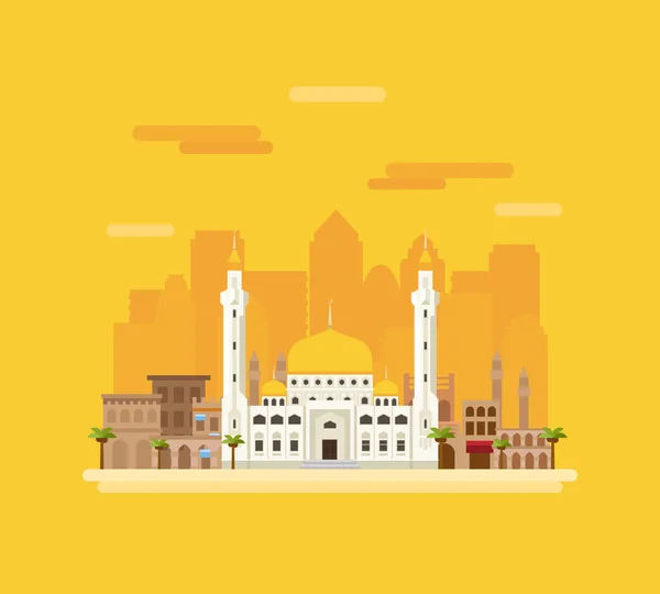 Cityscape with a mosque in the foreground. — Stock Vector