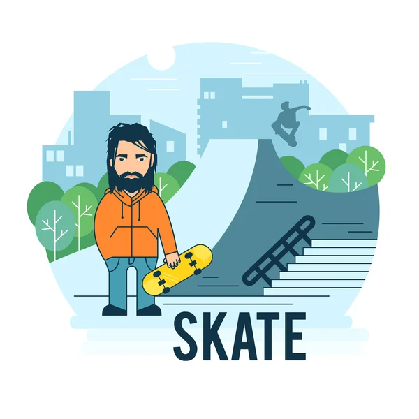 O tipo com o skate para ser promovido. . — Vetor de Stock