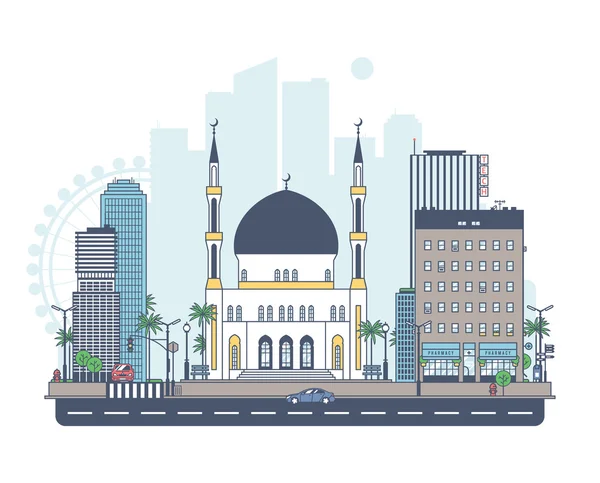 Paysage urbain avec une mosquée au premier plan . — Image vectorielle