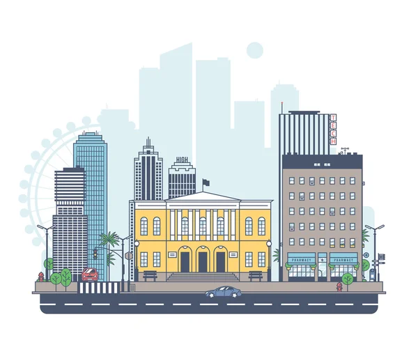 Paisaje urbano con el banco en primer plano — Vector de stock