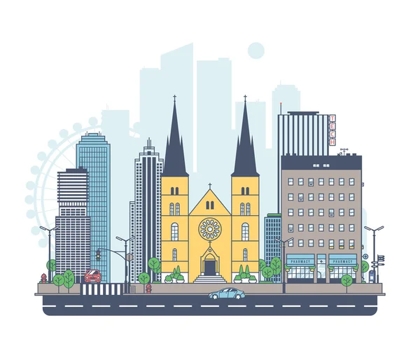 Building of the church in the foreground — Stock Vector