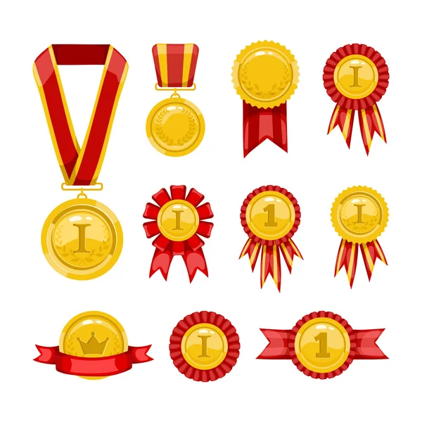 Czerwone i złote nagrody wstążki i medale — Wektor stockowy