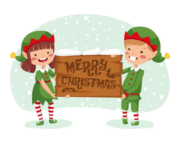 Elfi di Natale con carta di legno — Vettoriale Stock