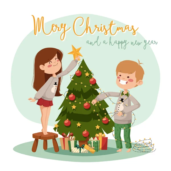 Familia decorando un árbol de Navidad — Vector de stock